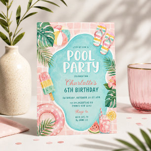 Convites Festa de Aniversário Rosa de Verão na Piscina: Gar