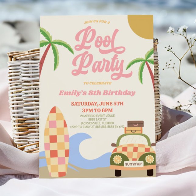 Convites Festa de aniversário rosa do Conselho do Surf da P (Criador carregado)