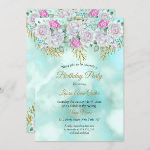 Convites Festa de aniversário Rosa Dourada Azul Teal bonito
