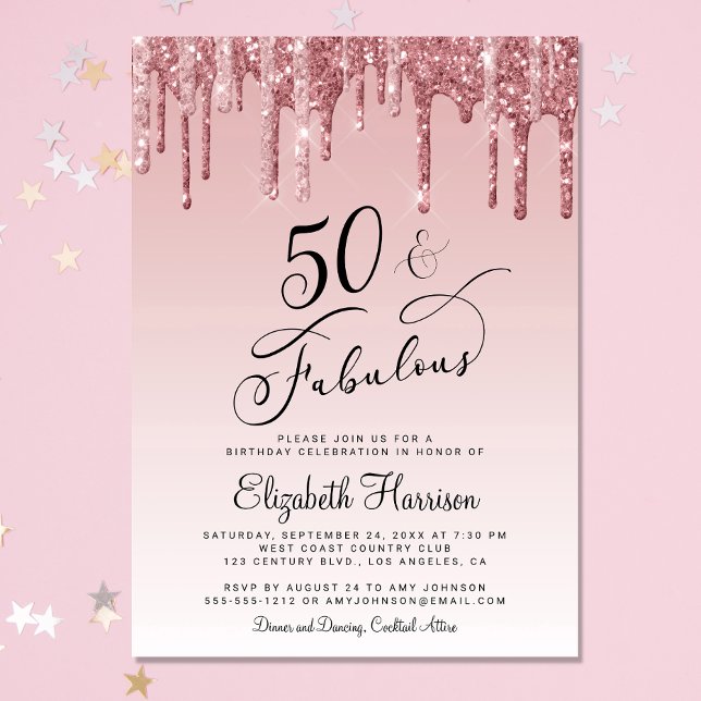 Convites festa de aniversário rosa Dourada com Rosa brilhan (Celebrate her 50 years of sparkle with an elegant glitter birthday party invitation )