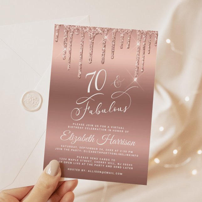 Convites Festa de aniversário rosa Dourada do Glitter Virtu (Celebrate her 70 years of sparkle with an elegant rose gold glitter birthday party invitation)