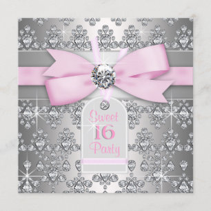 Convites Festa de Aniversário Rosa e Cinza com Diamante Pra