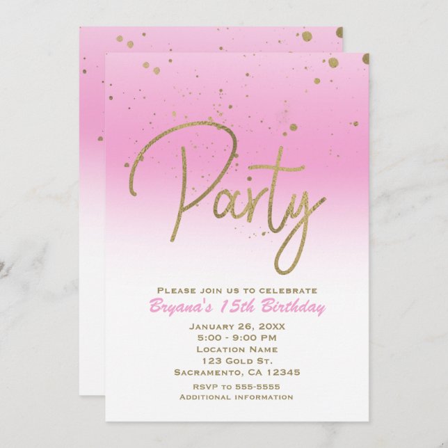 Convites Festa de aniversário Rosa e Dourada do Glam Confet (Frente/Verso)