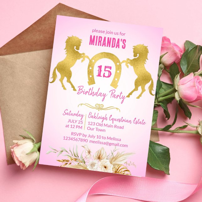Convites Festa de aniversário rosa e ouro com tema equino (Horse themed birthday party invitation pink and gold horses gold flowers equestrian party invite)