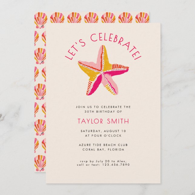 Convites Festa de Aniversário Rosa Estrela do Mar Ousada Mo (Frente/Verso)