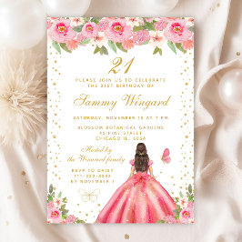 Convites Festa de aniversário rosa-Floral Brunette Hair Pri