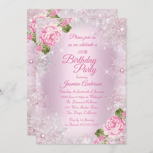 Convites Festa de aniversário Rosa Floral de inverno (Frente/Verso)