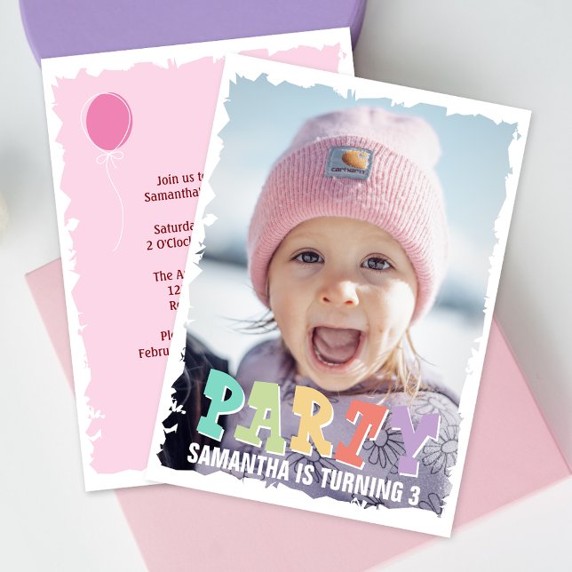 Convites Festa de Aniversário Rosa Foto Simples Fofa para C (Make your little one's birthday extra special with adorable invitations featuring their cute photo.)