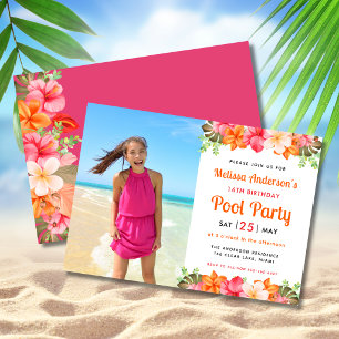 Convites Festa de Aniversário Rosa Piscina Floral Tropical