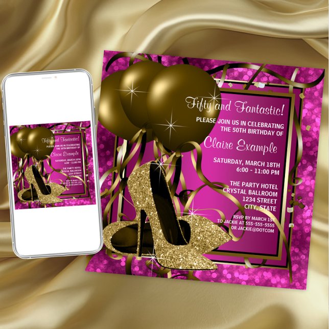 Convites Festa de aniversário rosa-quente das mulheres de s (Pink gold shoe any occasion invitation. Instant download and printed invitations available.)
