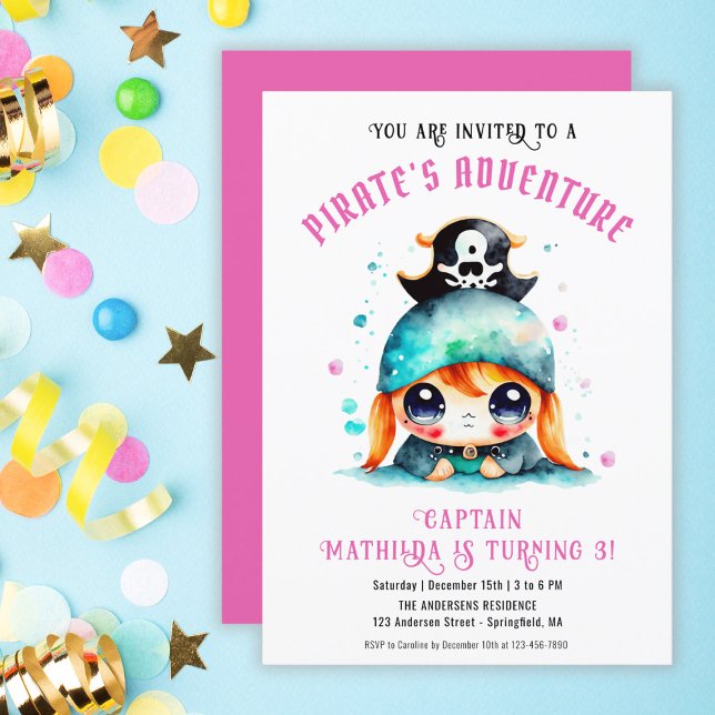 Convites Festa de aniversário Rosa Rosa Bonita Pirata (Cute Little Pirate Girl Pink Birthday Party Invitation)