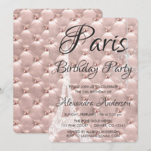 Convites Festa de aniversário Rosa Rosa Dourada Paris