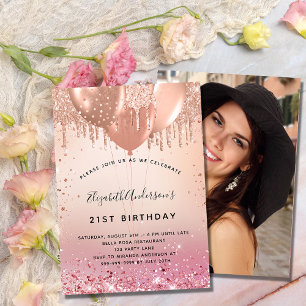 Convites Festa de aniversário rosa-rosa-rosa-ouro-balão fot