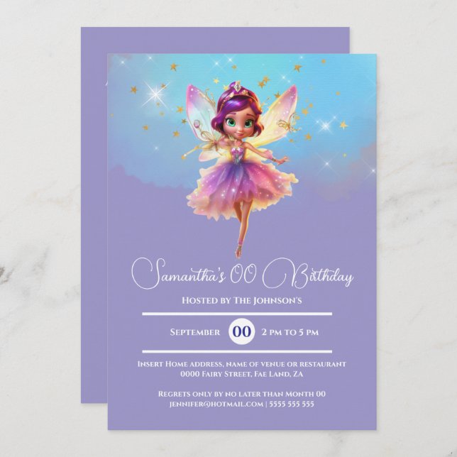 Convites Festa de aniversário rosa roxa da princesa de fada (Frente/Verso)