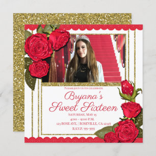 Convites Festa de aniversário Rosa vermelha Dourada Glitter