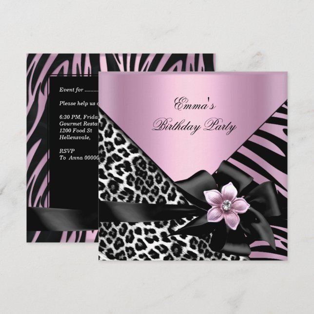 Convites Festa de Aniversário Rosa Zebra Leopardo Elegante (Frente/Verso)