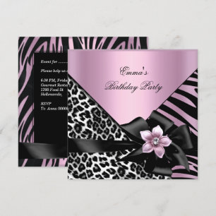 Convites Festa de Aniversário Rosa Zebra Leopardo Elegante