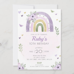 Convites Festa de aniversário Roxa do Arco-Íris Convide Flo