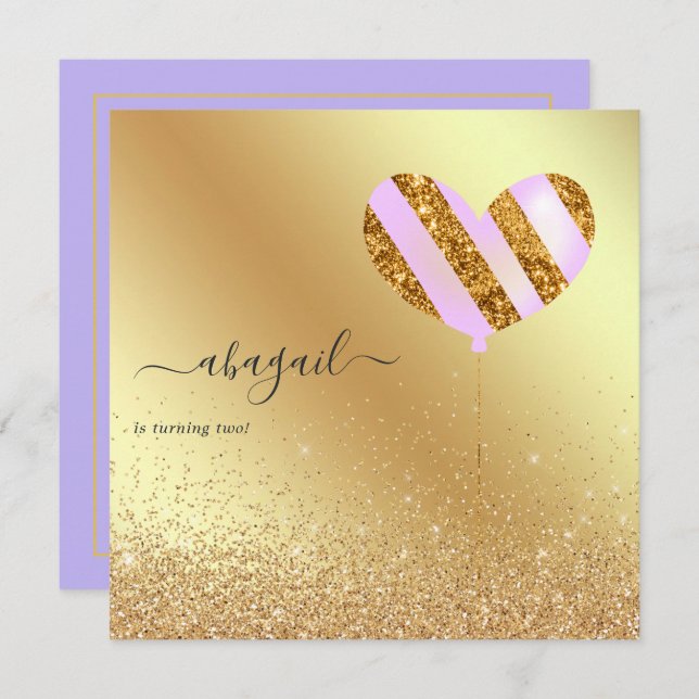 Convites Festa de aniversário roxa e Dourada (Frente/Verso)