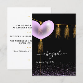 Convites Festa de aniversário roxa e Dourada e preta