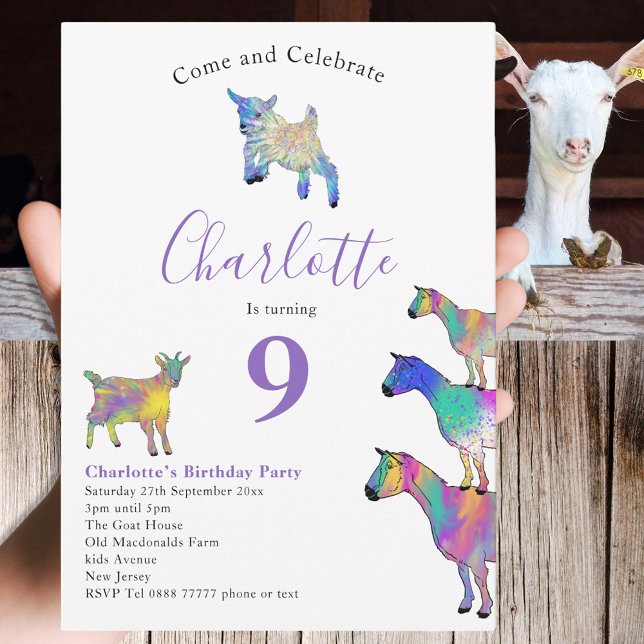 Convites Festa de aniversário Roxo de Amantes de os animais (Cute goats colorful farm animals watercolor art 9th birthday party invitation)