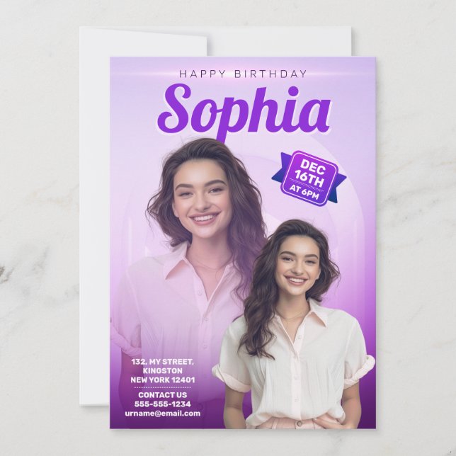 Convites Festa de Aniversário Roxo Elegante para Meninas Um (Frente)