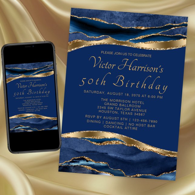 Convites Festa de Aniversário Royal Blue Gold Agate Masculi (Blue gold any event invitation. Instant download and printed invitations available.)