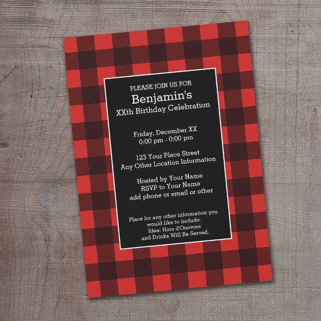 Convites Festa de aniversário Russo Vermelho e Xadrez Negra (Buffalo Plaid Birthday Party Invitation)