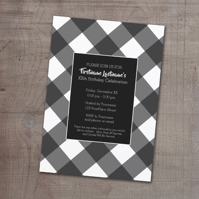Convites Festa de aniversário Rustic Black & White Buffalo  (Buffalo Plaid Birthday Party Invitation)