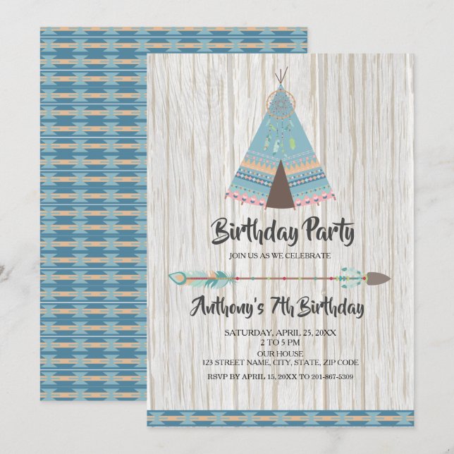 Convites Festa de aniversário Rustic Boho Tribal Blue Teepe (Frente/Verso)
