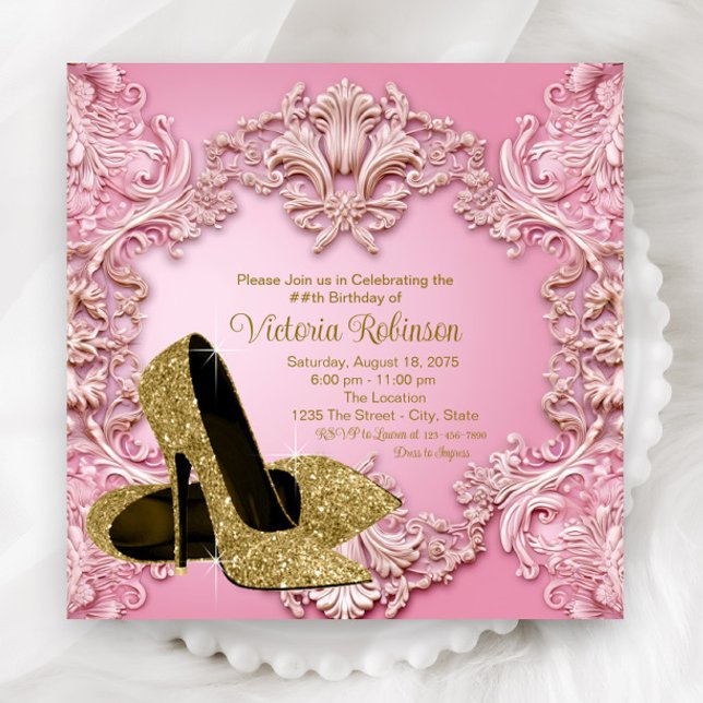 Convites Festa de Aniversário Sapato Dourado Rosa de Mulher (Elegant pink gold shoe any number birthday and event invitation.)