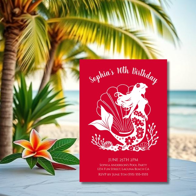 Convites Festa de Aniversário - Sereia Havaiana (Hawaiian Mermaid Tropical Flowers Sea Shells Coral, Summer Beach, Fisherman Style Birthday )