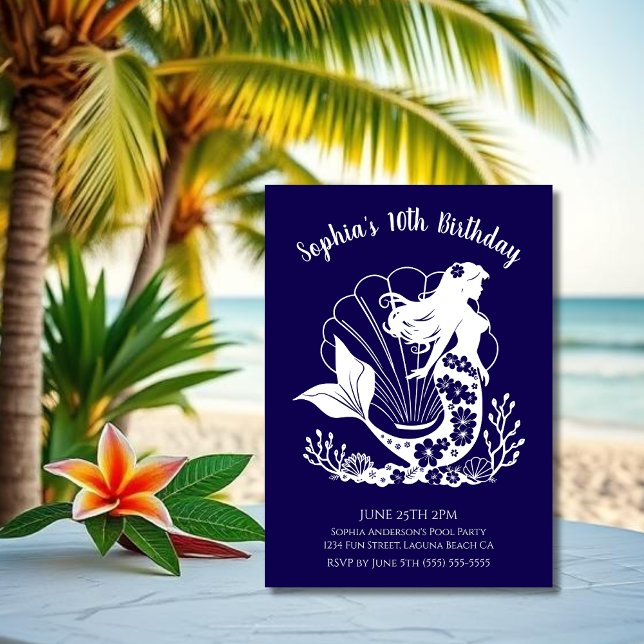 Convites Festa de Aniversário - Sereia Havaiana (Hawaiian Mermaid Sea Shells Tropical Flowers Coral, Birthday Invitation Dark Blue)