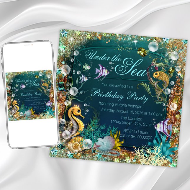 Convites Festa de Aniversário Sob o Mar (Beautiful teal blue and gold under the sea any event invitation. Simply add your details. )