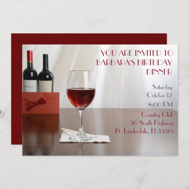Convites Festa de aniversário sofisticada de vinho tinto (Frente/Verso)
