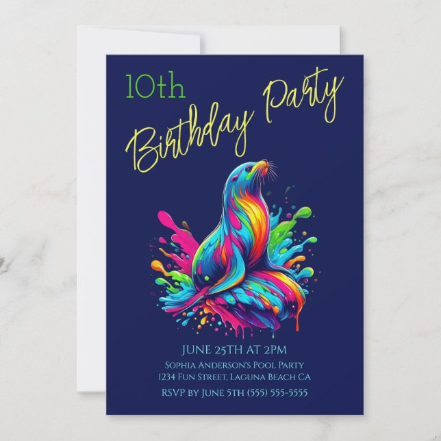 Convites Festa de Aniversário - Splash do Leão-Marinho Colo (Frente)