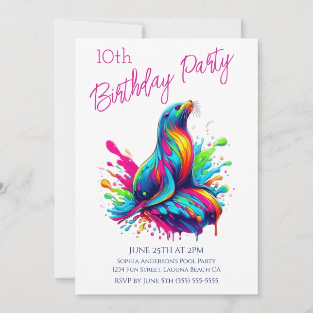 Convites Festa de Aniversário - Splash do Leão-Marinho Colo (Frente)