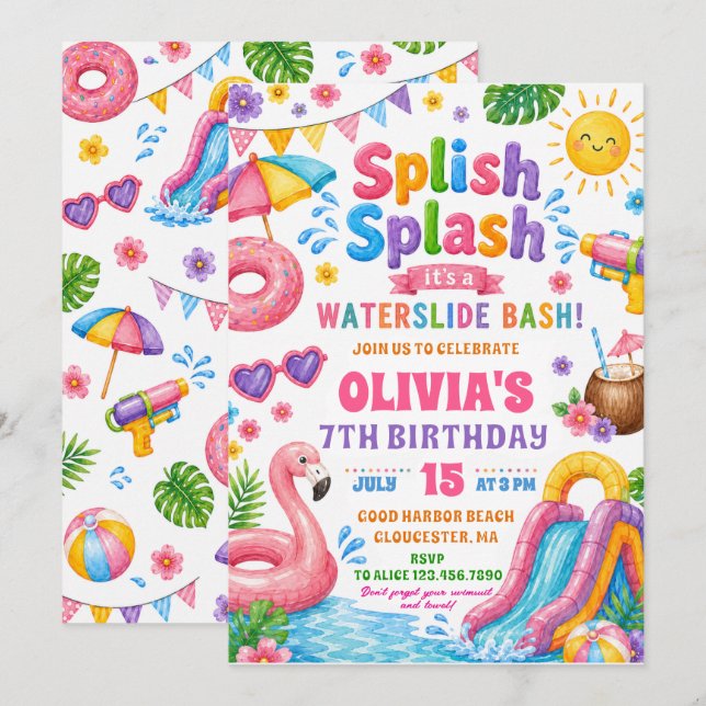 Convites Festa de Aniversário Splash Splash Waterslide Bash (Frente/Verso)