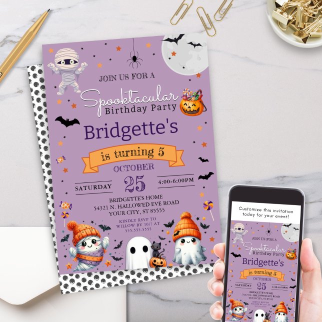 Convites Festa de aniversário Spooktacular de Halloween Rox (Cute purple spooktacular birthday party halloween kids party invitation for class or costume party)