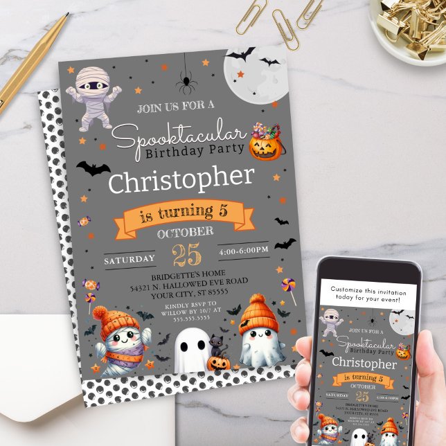 Convites Festa de aniversário Spooktacular de Orange Hallow (Personalized Halloween Birthday Party Invitations for costume party, kids trick or treat party idea)