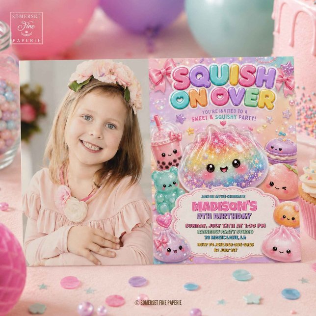 Convites Festa de Aniversário Squishies Dumpling Brilho Arc (Rainbow Glitter Dumpling Squishies Birthday Party Invitation
)