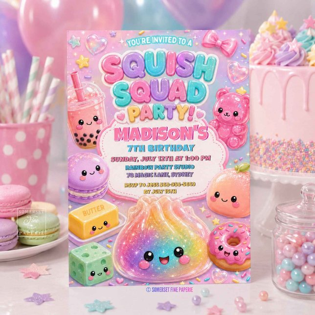 Convites Festa de Aniversário Squishy Arco-Íris Glitter (Glitter Rainbow Squishy Birthday Party Invitation)