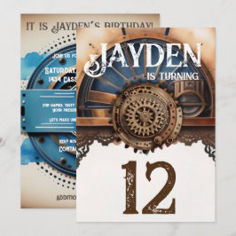 Convites Festa de aniversário Steampunk Dourada azul