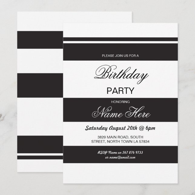 Convites Festa de aniversário Stripe Black & White Invite 3 (Frente/Verso)
