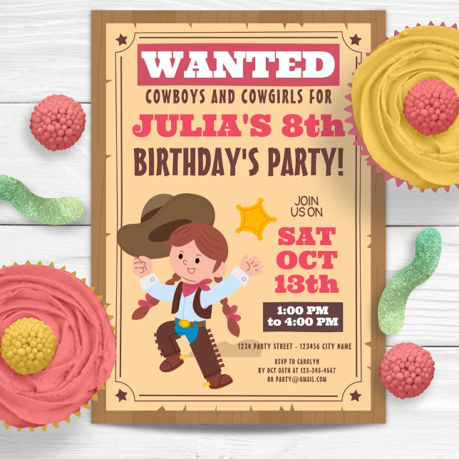 Convites Festa de aniversário Super Bonita (Super Cute Cowgirl Birthday Party Invitation)
