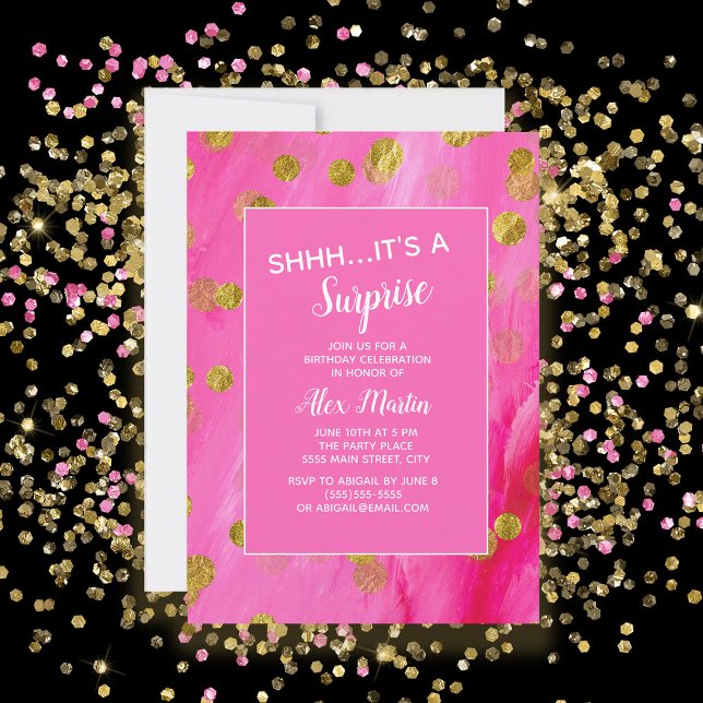 Convites Festa de Aniversário Surpresa com Brilho Dourado R (Hot pink with gold glitter surprise birthday party invitation)