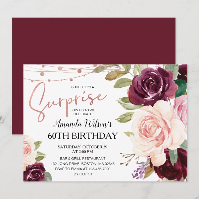 Convites Festa de aniversário Surpresa de Script Burgundy E (Frente/Verso)