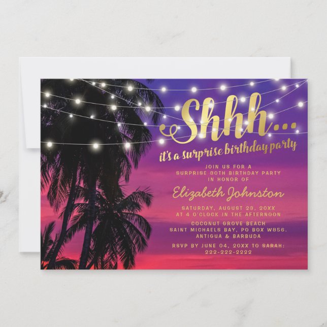 Convites Festa de Aniversário Surpresa Glamourosa na Praia  (Frente)