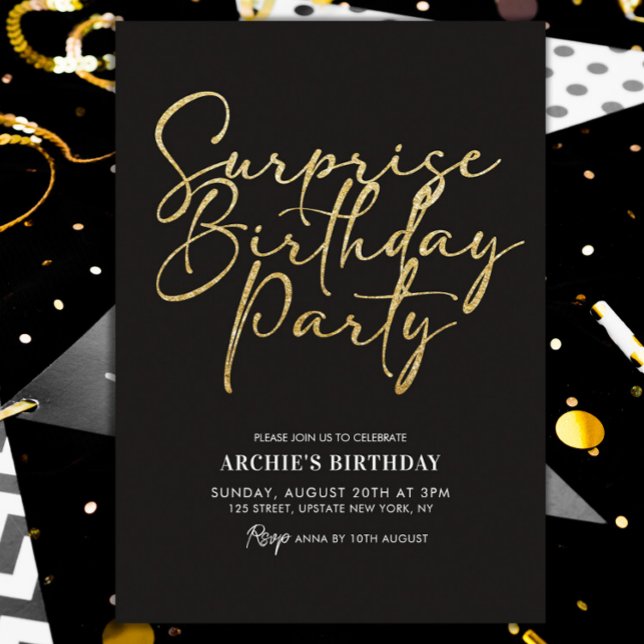 Convites Festa de aniversário surpresa preto e Dourado (it's a surprise invitation template gold glitter black and gold modern )