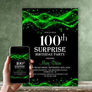 Convites Festa de Aniversário Surpresa Preto e Verde de 100